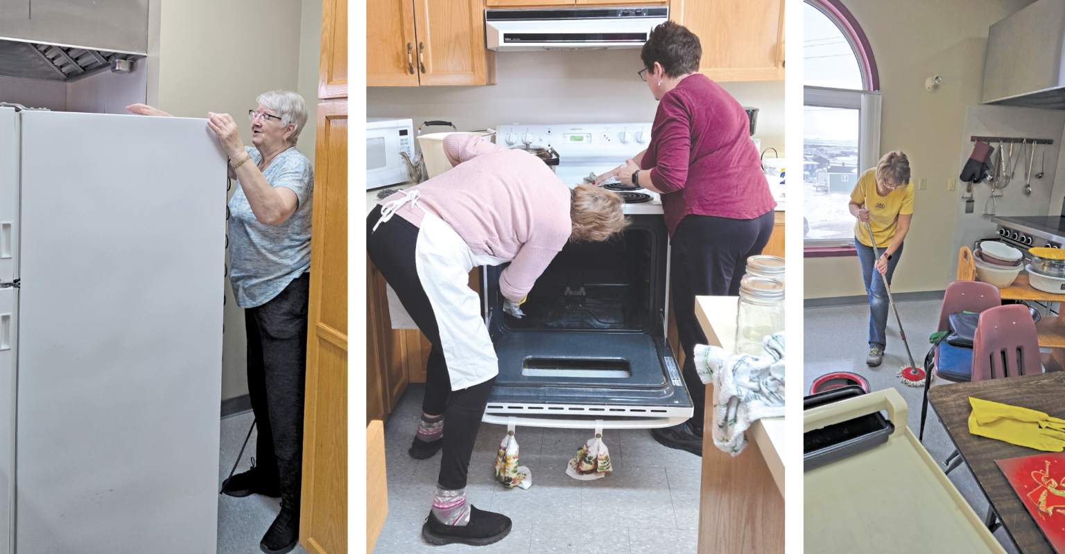 three photos of a group of people cleaning a hall in Port aux Basques Newfoundland